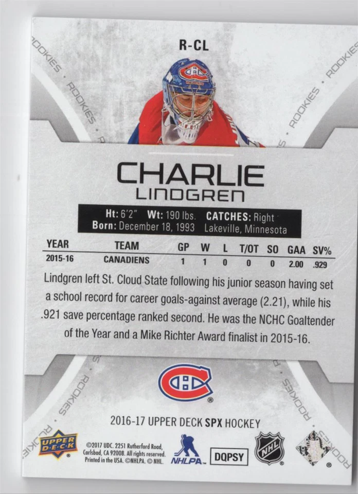 2016-17 SPx Rookies Charlie Lindgren /399 Montreal Canadiens #R-CL - Image 2 of 2
