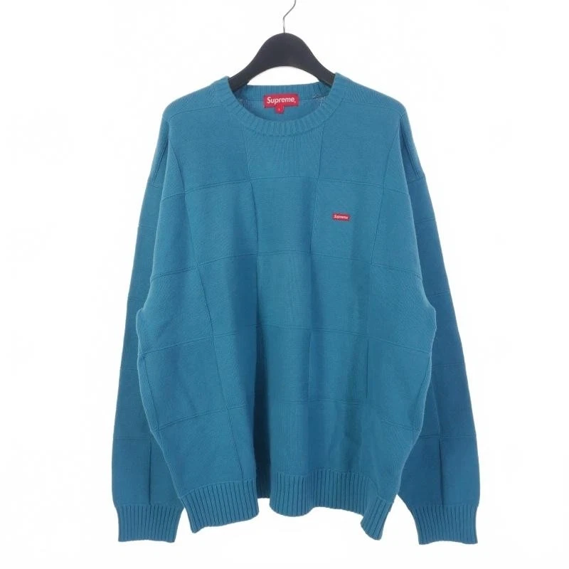 Supreme 21SS ton damier petite boîte coton tricot pull L bleu sarcelle homme s