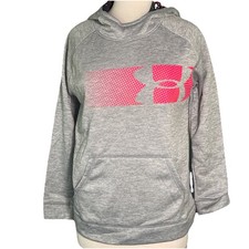 Under Armour Cold Gear Loose Light Gray Hoodie Neon Pink Large Logo Youth XL-NWT