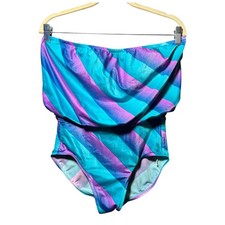 Vintage Jantzen Strapless Blouson One Piece Swimsuit Teal Purple Stripe Sz 12