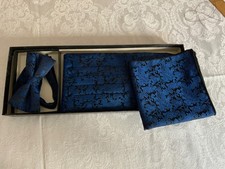 Vintage Mens Cummerbund Bow Tie After Six Blue Pleated taffeta Formal Set new