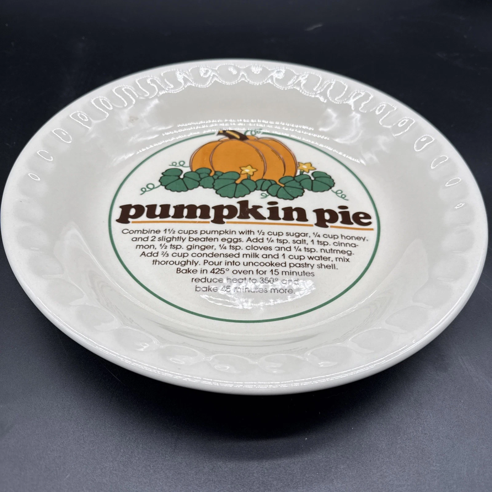 Vintage Mount Clemens Pottery 11” Pumpkin Pie Recipe Deep Dish Ceramic Pie Plate
