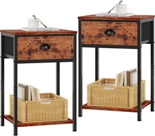 Nightstands Set of 2, Night Stand with Fabric Drawer and Storage Shelf, Retro Be