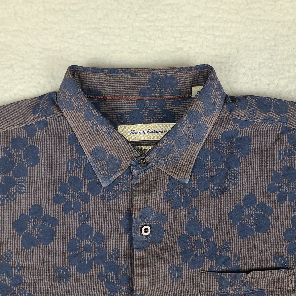Camisa Tommy Bahama Para Hombres XL Azul Marrón Floral Isla Ajuste Moderno Vestido Abotonado Foto 3 de 4