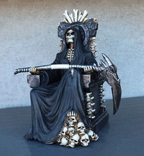 Black Holy Death Grim Reaper Sitting On Skeleton Skull Throne Figurine 10.5"H