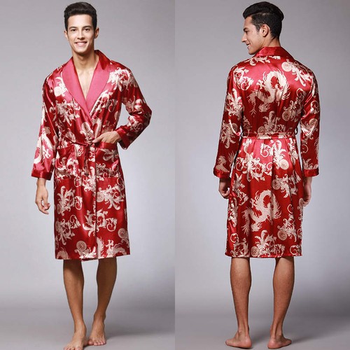 2025Herren Morgenmantel Robe Kimono Bademantel Satin Nachtwäsche Pyjama Lang - Bild 13 von 20