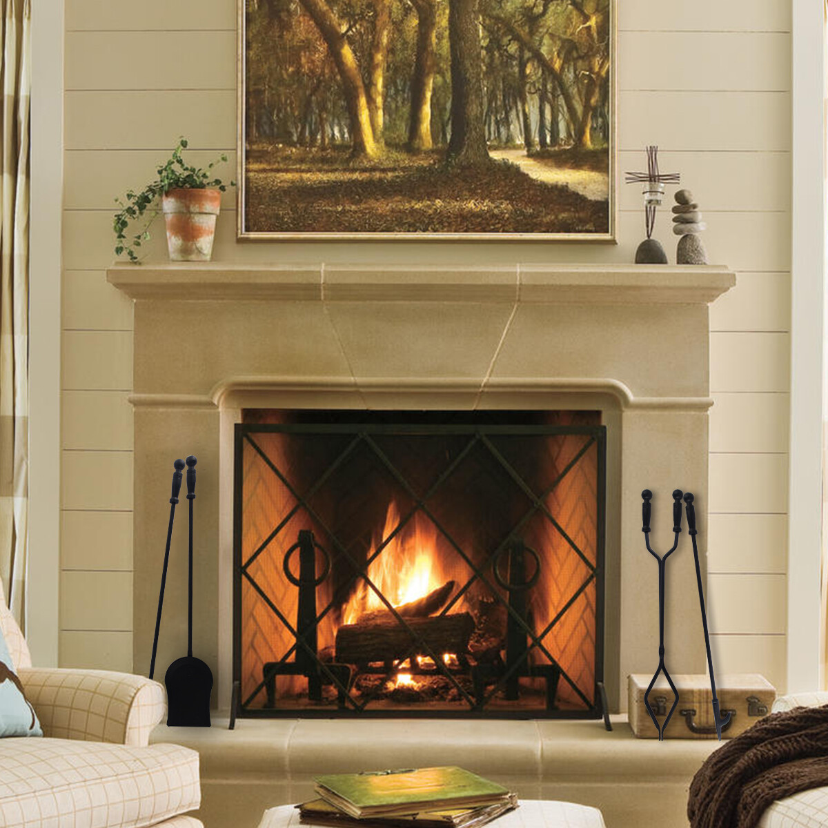 5-Piece Wrought Iron Fireplace Tools Set With Handles - Black, Modern
