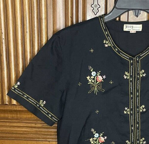 Jessy Womens Top Blouse Small Black Hand Embroidered Boho Delicate - Picture 4 of 13