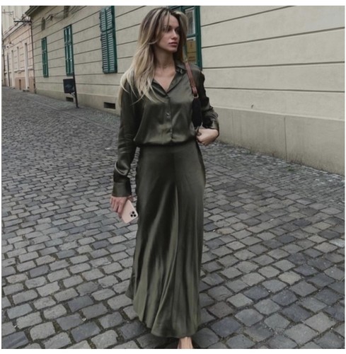 ZARA Satin Effect Versatile A-Line Olive Green Maxi Slip Dress NWT Size M