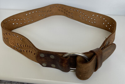 Buckle, Boho Brown Leather and Antique Brass Belt size 34 Womens Leather Belt 34 Ornate Medallion Buckle Knotted  main image 4