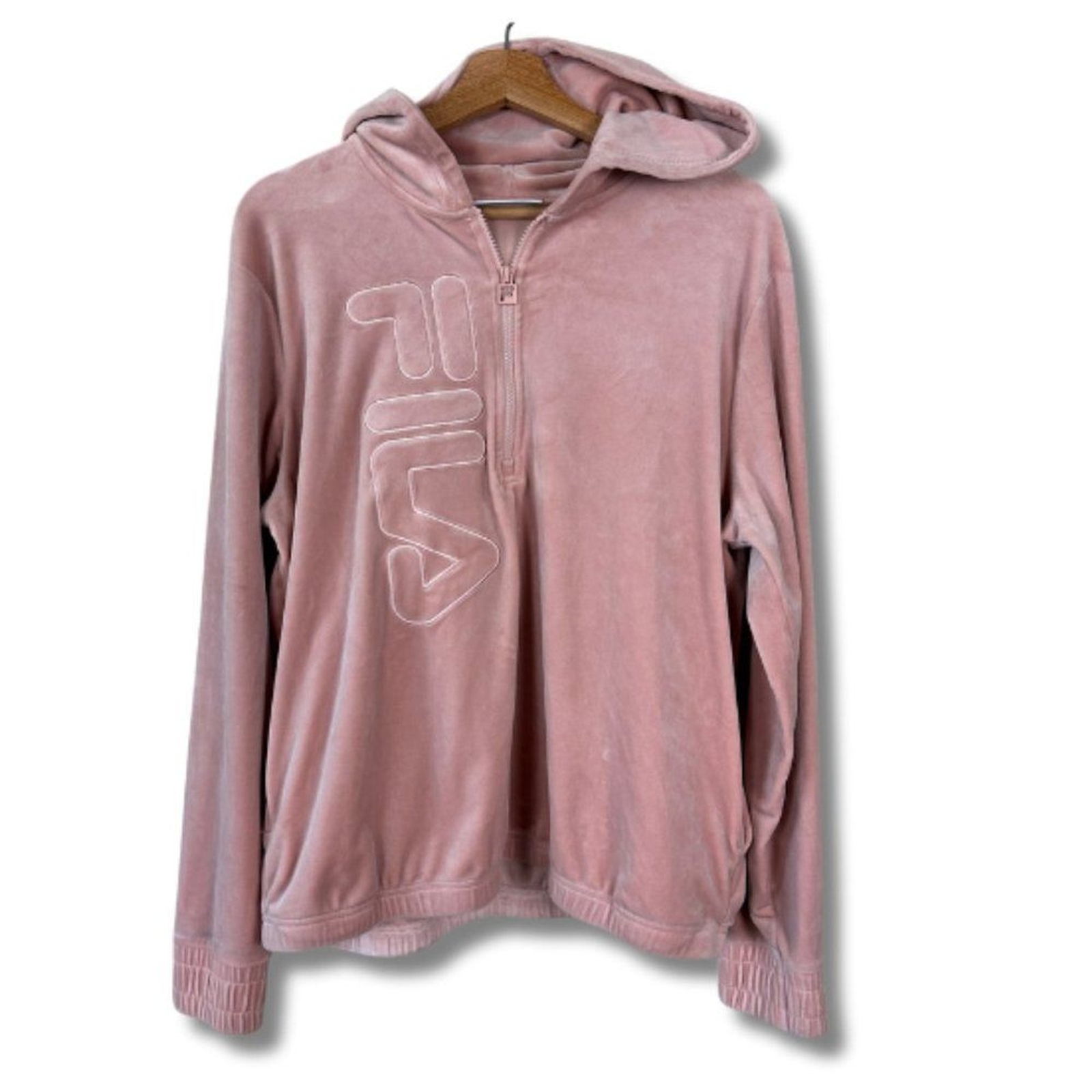 Fila Velour Quarter Zip Pullover Cropped Felpa con Cappuccio Rosa XL