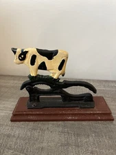 HEAVY CAST IRON COW NUTCRACKER On Wood Base Vintage Rustic Farmhouse Primitive