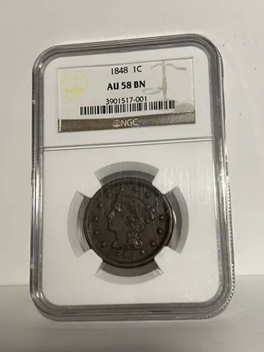 1848 (NGC AU58 BN) Braided Hair Large Cent 1c