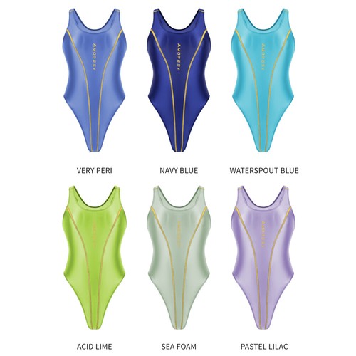 AMORESY Women's Shiny Glossy Swimsuit Swimwear One Piece Spandex Tights Bademode - Picture 7 of 34