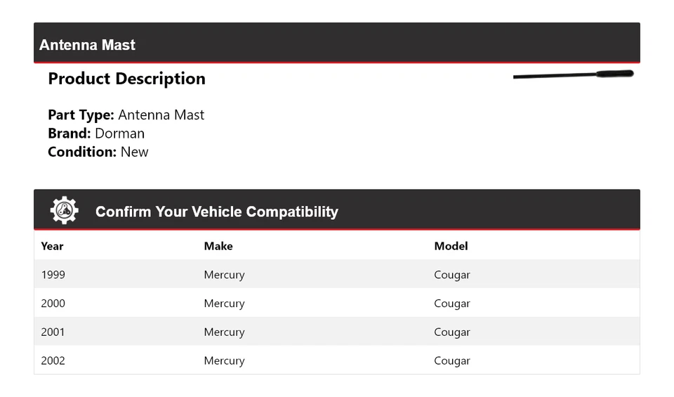 Mastro de antena Mercury Cougar Dorman 2000 2001 para 1999-2002 - Imagem 2 de 4