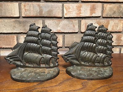 ANTIQUE OLDCAST IRON RARE FLYING CLOUD 1929 CT FOUNDRY BOOKENDS NAUTICAL SHIPS