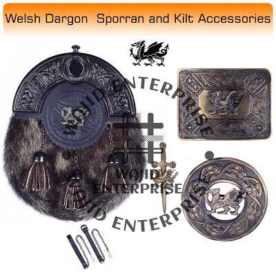 Scottish Welsh Dragon KILT Seal Skin Sporran with antique Brooch Pin & Buckle