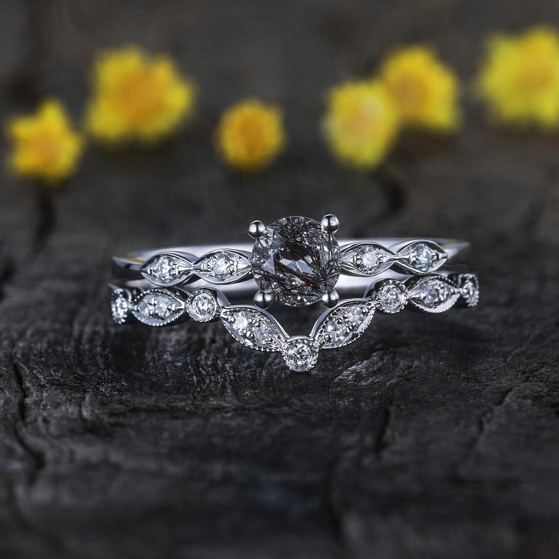 Bridal Set Statement Engagement Ring 14k Gold Rutilated Quartz Diamond Jewelry