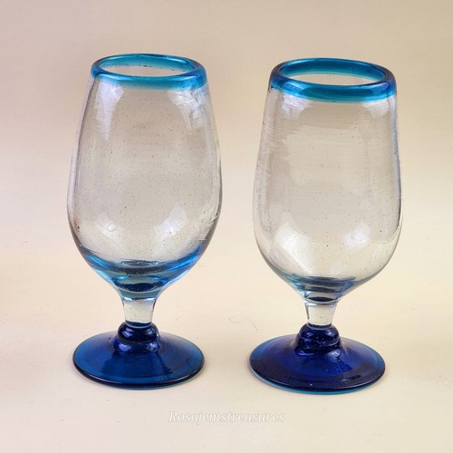 Mexican Stemmed Glassware, 7.25" Water Goblet, 14oz. Set of 2, Aqua Blue Rimmed - Picture 13 of 19