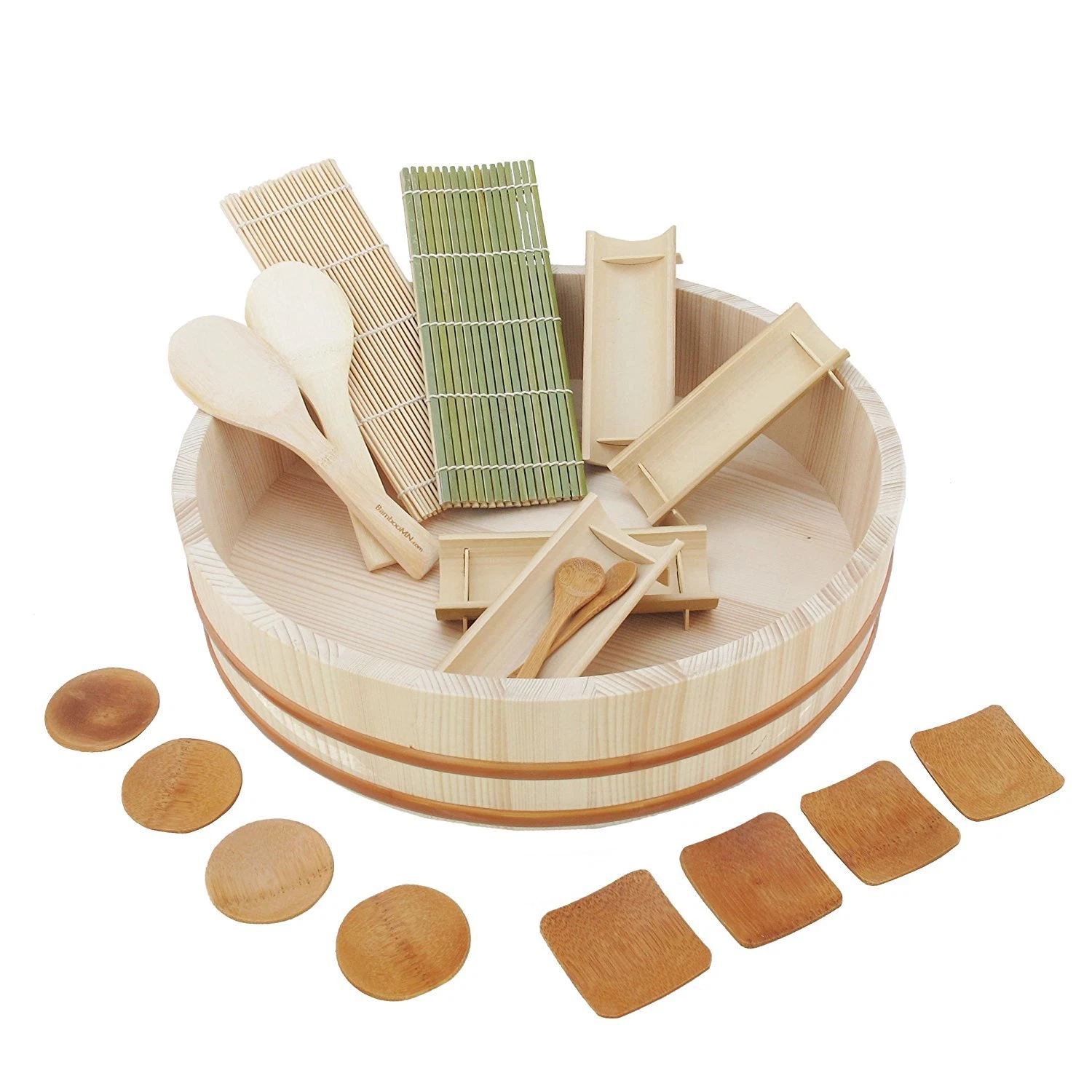 BambooMN Wooden Sushi Oke Rice Bowl Tub 19 Piece Bamboo Sushi Set