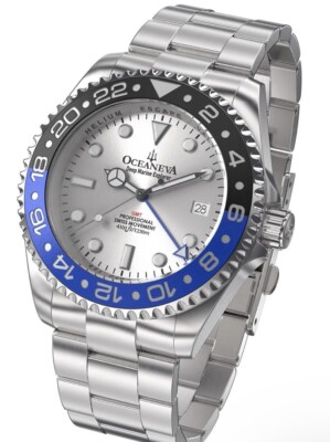 Oceaneva Men's Deep Marine Explorer GMT Watch 1250M Pro Diver  Blue and Black