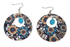Faux Leather SUNFLOWER CIRCLE BLUE BEAD Earrings Jewelry Set - Handmade USA SALE