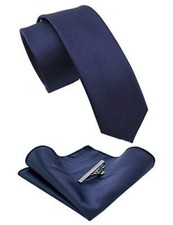 2.4" Solid Color Skinny Tie and Pocket Square with Tie Clip Sets for Navy Blue