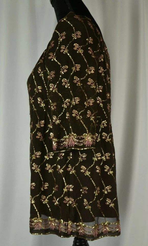 New Tocca Pullover Blouse Sz Medium Silk Blend Brown Gold Sequins Colorful $265 - Image 3 of 4