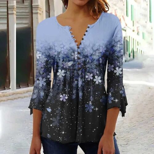 Womens Floral Print V-Neck Button-Down Blouse 3/4 Sleeve Casual Loose Fit Top - Picture 28 of 32