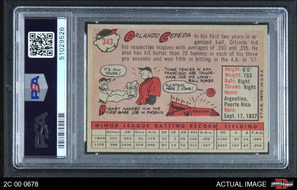 1958 Topps #343 Orlando Cepeda Giants RC HOF ROYw PSA 6 - EX/COMO NUEVO Foto 2 de 2