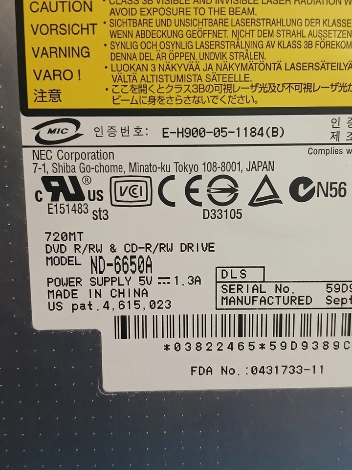 NEC ND-6650A DVD-RW CD-RW Dell Laptop Optical Drive 0UC823 UC823- Black Bezel - Image 4 of 4