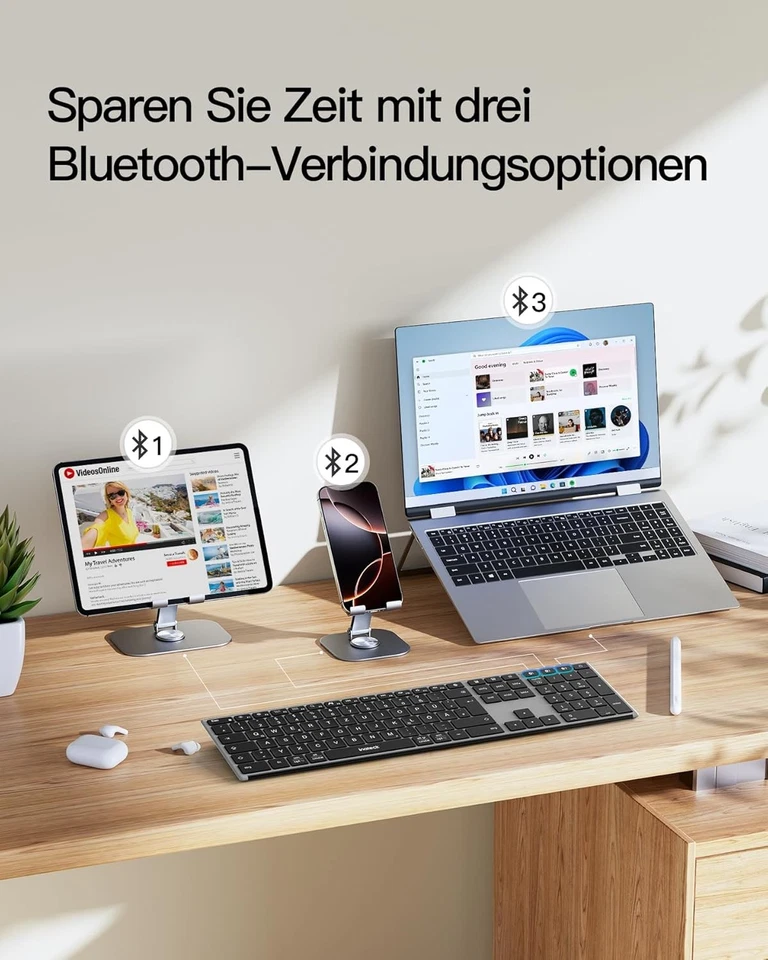 Inateck Kabellose Tastatur Bluetooth Tastatur 3 Bluetooth Kanälen QWERTZ - Bild 2 von 4