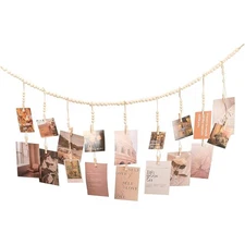 Hanging Photo Display with 18 Wood Clips Boho Wooden Bead Wall Decor for Bedroom