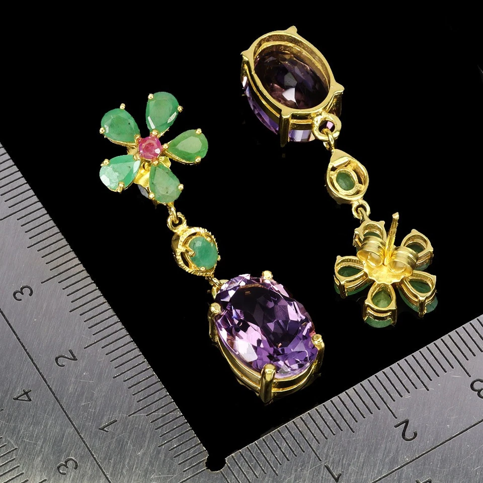 Pendientes de plata de ley 925 ovalados amatista 14x10 mm esmeralda rubí piedras preciosas joyería Foto 3 de 4