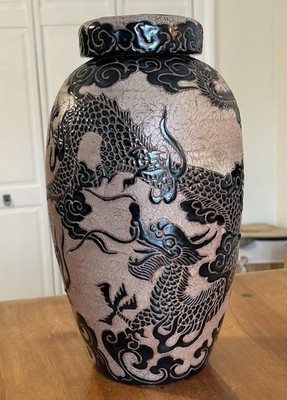 Dana Vietnamese Dragon and Phoenix Motif Mid-Century Glazed Pottery Vase w/Lid