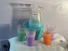 Vintage 1950's Retro Blendo Glass turquoise pitcher & 4 diff color glasses AA889