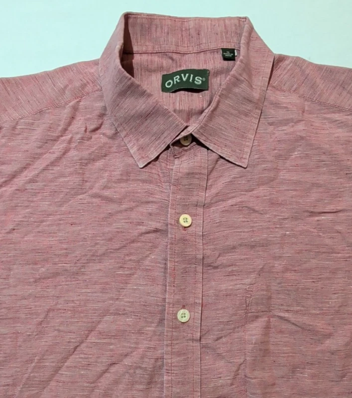 Orvis 100% Linen Button Up Shirt Mens XL Red Short Sleeve Outdoor Casual Beach