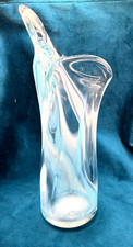 Art Glass Swung Vase Hand Blown Blue White Swirl MCM Style Artisan Made Signed