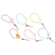 6 Pcs Phone Charm Bracelet Lanyard Beaded Wrist Strap With Flower Pendant