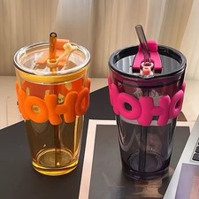 450ml Luxury Glass Cup with Lid and matching straw set hot and cold drinks