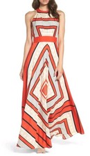 Eliza J Maxi Dress Scarf Print Crepe de Chine Fit & Flare Red Orange Sz 14W