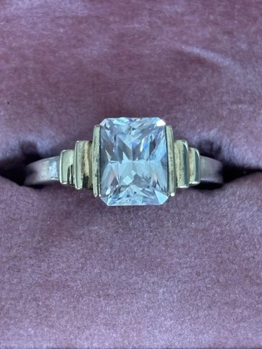 VTG Emerald Cut CZ Solitaire Engagement Ring Sterling 925 &14k  Gold Size 8