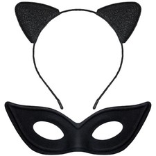 Black Cat Mask Ears Headband Set Halloween Costume Party Accessories