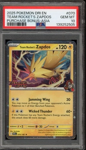 Pokemon Team Rocket's Zapdos Destined Rivals Purch. Bonus Asia Promo #070 PSA 10