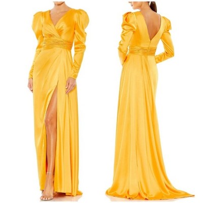 Mac Duggal NWT 12404 Yellow Faux Wrap Puff Shoulder Long Sleeve A-Line Gown Sz 4