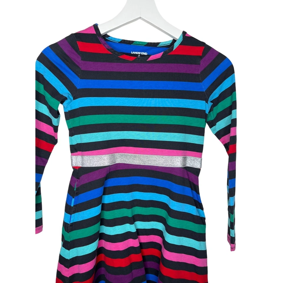 Vestido informal Lands End para niñas talla 10 12 manga larga acampanado a rayas de algodón Foto 2 de 4