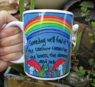 Rainbow Connection song lyric coffee mug - someday we'll find it - Kermit Frog
