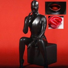 Full cover latex catsuit with nose tube red teeth closed eyes back zip