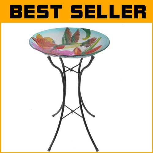 Colorful Hummingbird Feeder and Birdbath with Durable Glass Bowl, 21" Tall