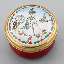 Halcyon Days Enamel Trinket Box Snowman Cane Birds Landscape Winter Screw Top